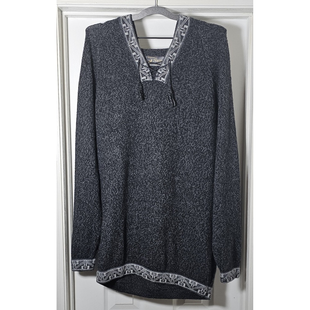 Artisans Nusta Alpaca Sweater Size XL Hooded Gray Aztec Print Tunic Extra Soft